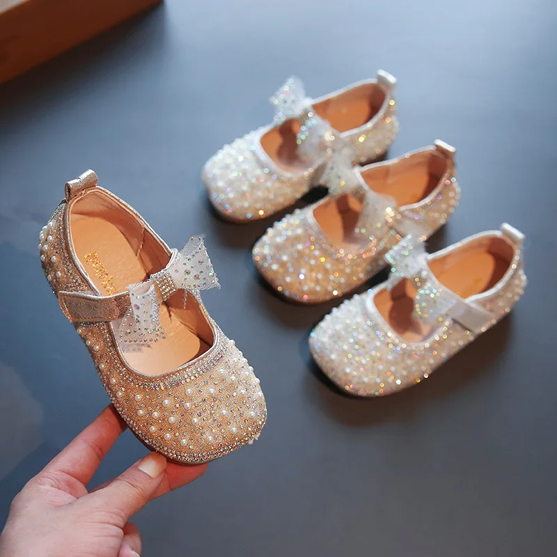 Girl's Princess Shoes Children's Fashion Bow Rhinestone Leather Kids Shoe Baby Girls Party Student Flat Shoes E584