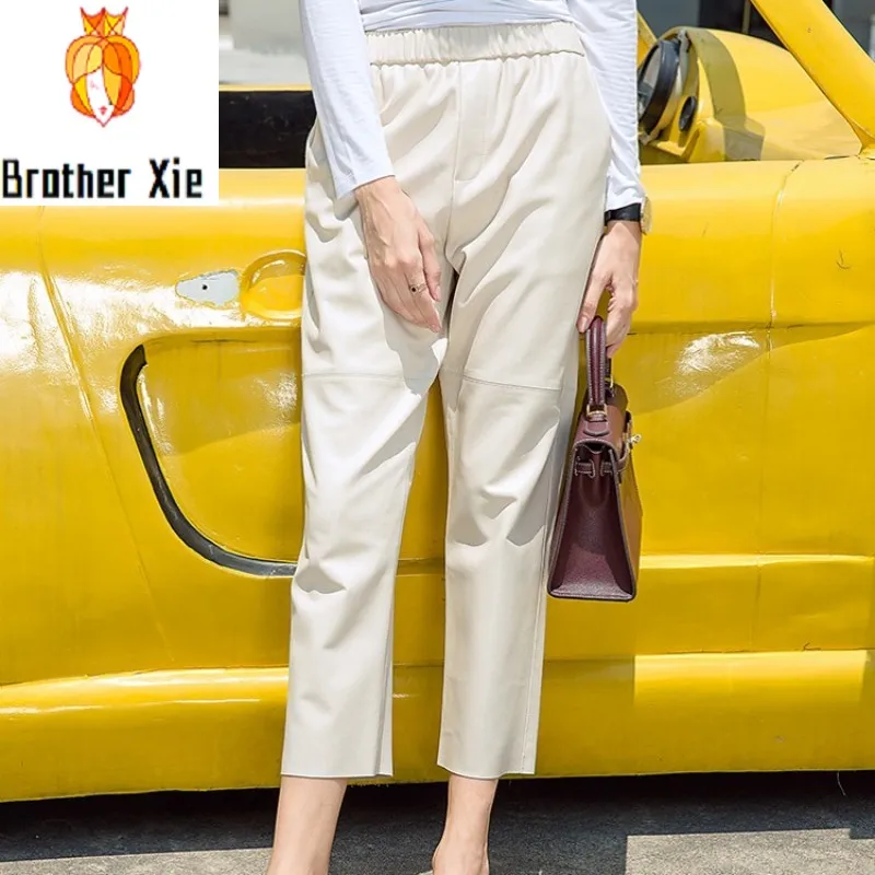 

BF Style Women Ankle Length Elastic Waist Harem Pants 100% Sheespkin Real Leather Streetwear Trousers Spring Casual Pants