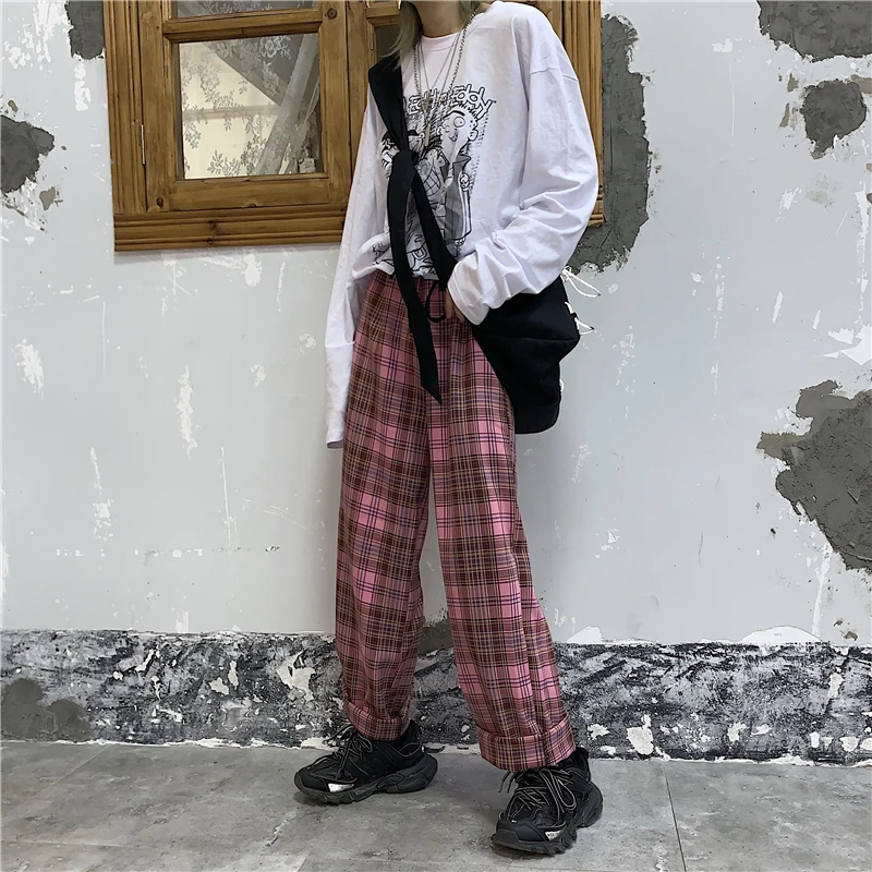 Pink Винтажные платные лоскутные брюки Harajuku женские брюки эластичные брюки корейские повседневные Прямые Панталоны jogger уличная одежда - Цвет: Pink