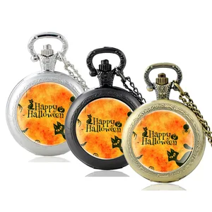 New Fashion Happy Halloween Glass Cabochon Quartz Pocket Watch Vintage Men Women Pendant Necklace Chain Hours Clock Jewelry Gift