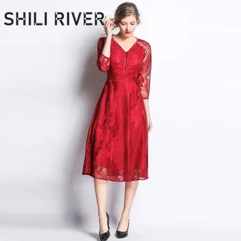 

New spring summer long lace dress for women half sleeve slim casual elegant floral V neck cute a line midi dress vintage red
