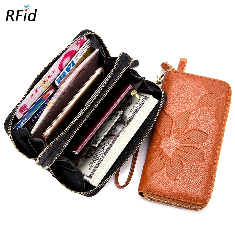 

Women Long Wallet Genuine Leather 3-Layer Zipper Purse Bag Large Capacity Wristlet Clutch Wallets Phone Bag Money Purses