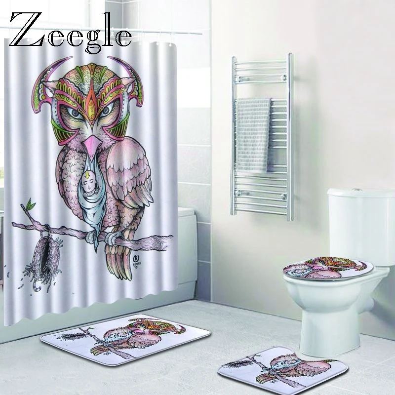 Zeegle Cartoon Style Non-slip Floor Mat Bath Curtain Set Toilet Seat Cover Bathroom Foot Mat Bathroom Accessories Hom Door Mat
