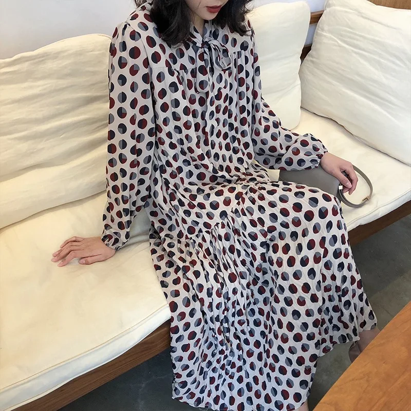 

Dress Female Spring A- line Mid-length Korean-style Loose-Fit Slimming Long-sleeved Black Chiffon Lace-up Polka Dot Dress