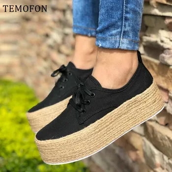 

TEMOFON women canvas shoes platform women casual shoes white black red summer sneakers wedges canvas shoes calzado mujer HVT871