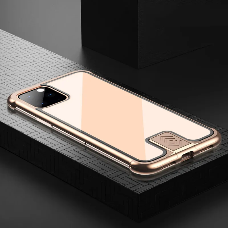 Откидная задняя крышка для iPhone 11/11 Pro/11 Pro Max чехол для телефона s 12H закаленное стекло металлический бампер противоударный чехол для телефона - Цвет: Gold Phone case