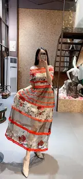 

Flower Embroidery Long Lace Dress Women Fashion Summer Short Sleeves Runway Color Patchwork Mesh Dresses 2020 New