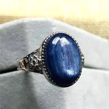

Top Natural Blue Kyanite Ring Jewelry For Woman Men Crystal 16x12mm Oval Beads Love Silver Cat Eye Silver Adjustable Ring AAAAA