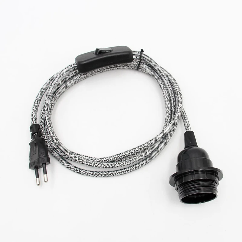 European Plug Power Cord with On/Off Switch and E27 Lamp Holder for Wall or Hanging Light Fixtures, 2m Length