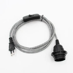 European Plug Power Cord with On/Off Switch and E27 Lamp Holder for Wall or Hanging Light Fixtures, 2m Length (Black - White)