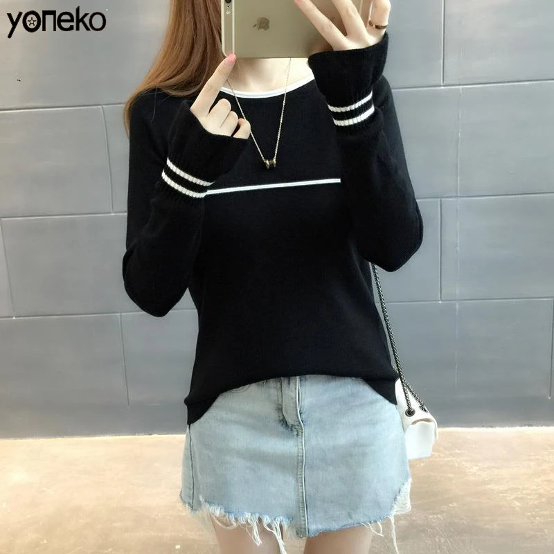 

Yoneko Winter Knitted Women Sweaters And Long Sleeve Solid O-Neck Sweet Pullovers Sueter Mujer Tops Korean Casual Jumper KM606
