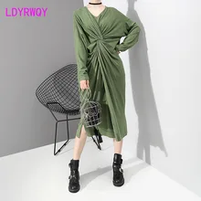 2019 autumn new fashion women's waist loose v-neck long-sleeved green dress