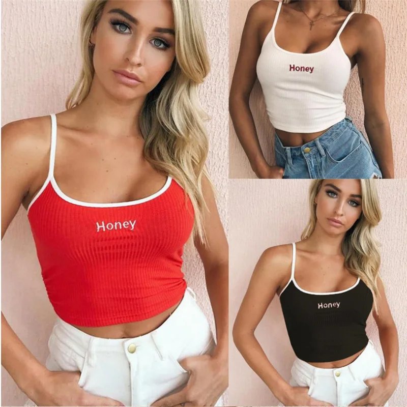 

Women Honey Letter Strap Tank Tops 2019 Female Slip Crop Tops Sexy Camis Club Camisoles White Red Ladies Short Tight Shirt