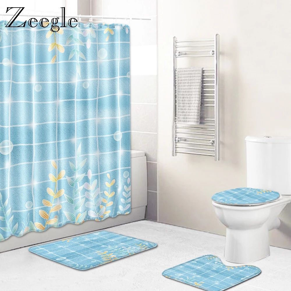 Zeegle Flannel 4Pcs Bath Mat Set Bathroom Absorption Foot Rug Waterproof Shower Curtain Toilet Seat Cover Bath Decoration Mat