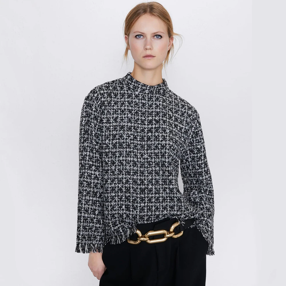 Ladyfirsy ZA Tweed Pullover Women New Office Lady Casual O-Neck Long Sleeve Print Elegant Autumn Female Hoodied Wholesale