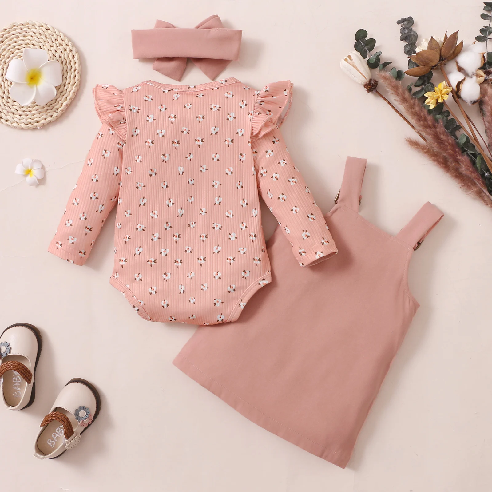3pcs Children Baby Girl Casual Fly Sleeve Knitted Jumpsuits + Pocket Suspender Dress+ Headwear Clothes Infant Cotton Outfits kids clothes set baby girl clothing set