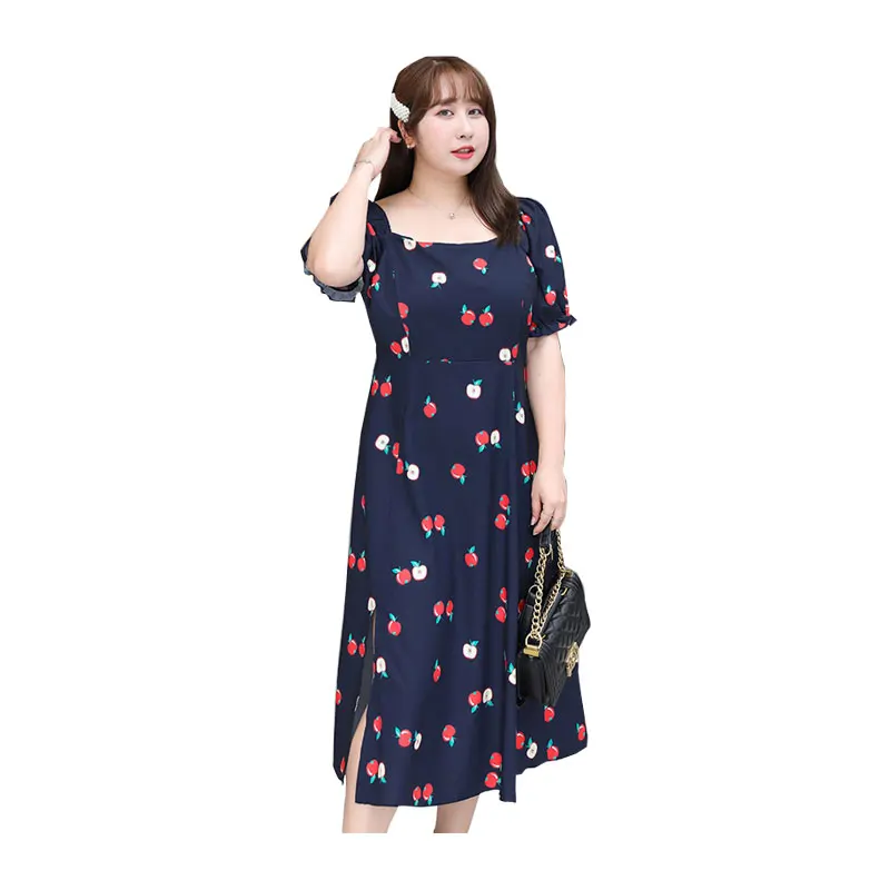 

Women's Summer Square Collar Printed Lantern Sleeve Dress Plus Size Calf Length Casual Dress 100 kg can be worn