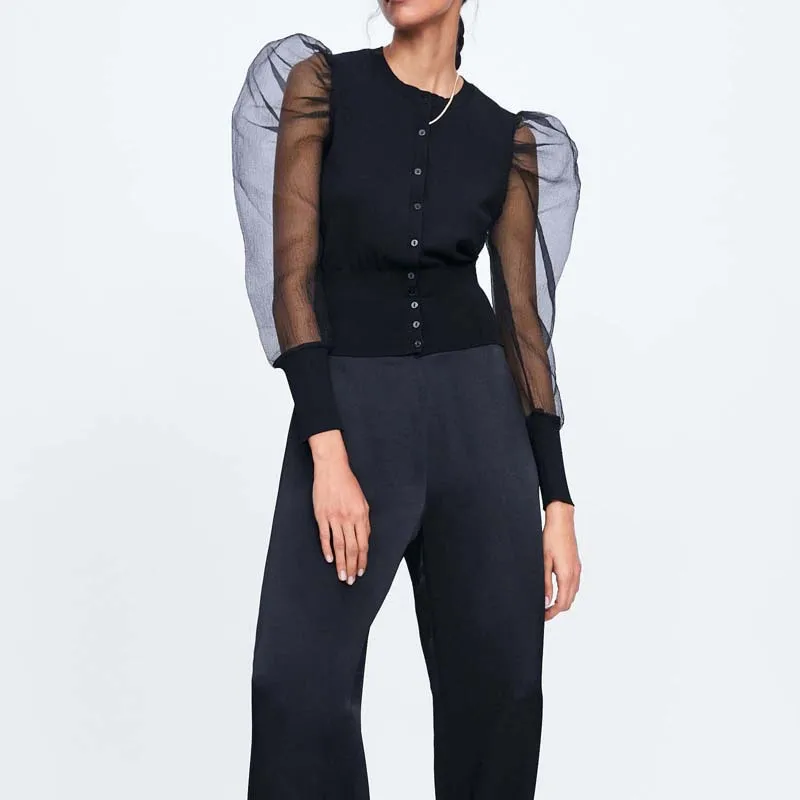 

Fashion Women O Neck Mesh Jacket Black Puff Sleeve Transparent Jackets Slim Long Sleeve Button Knitted Black Jacket