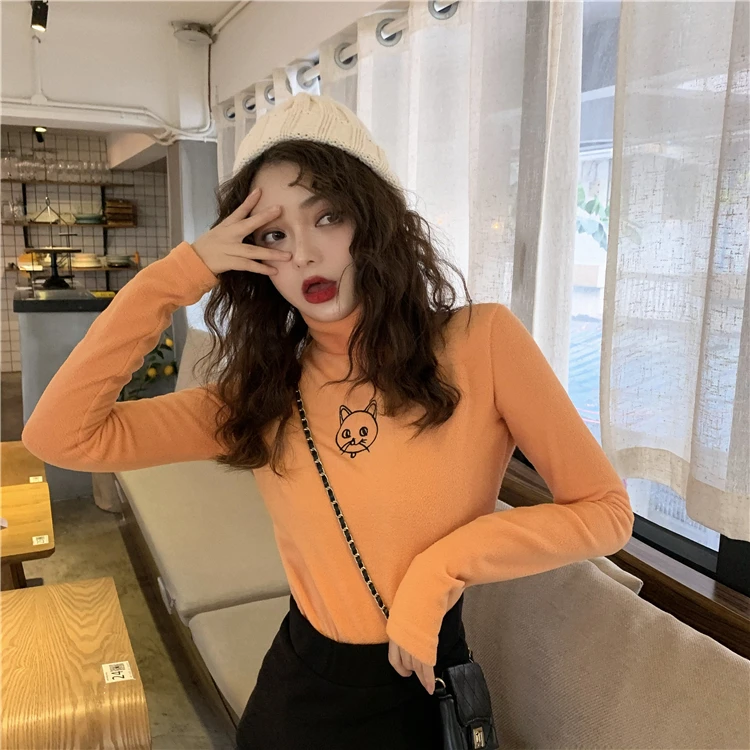 Флисовые футболки с вышитым котом, осенняя Водолазка с длинным рукавом, Harajuku Kawaii, женские теплые облегающие топы, уличная одежда W299