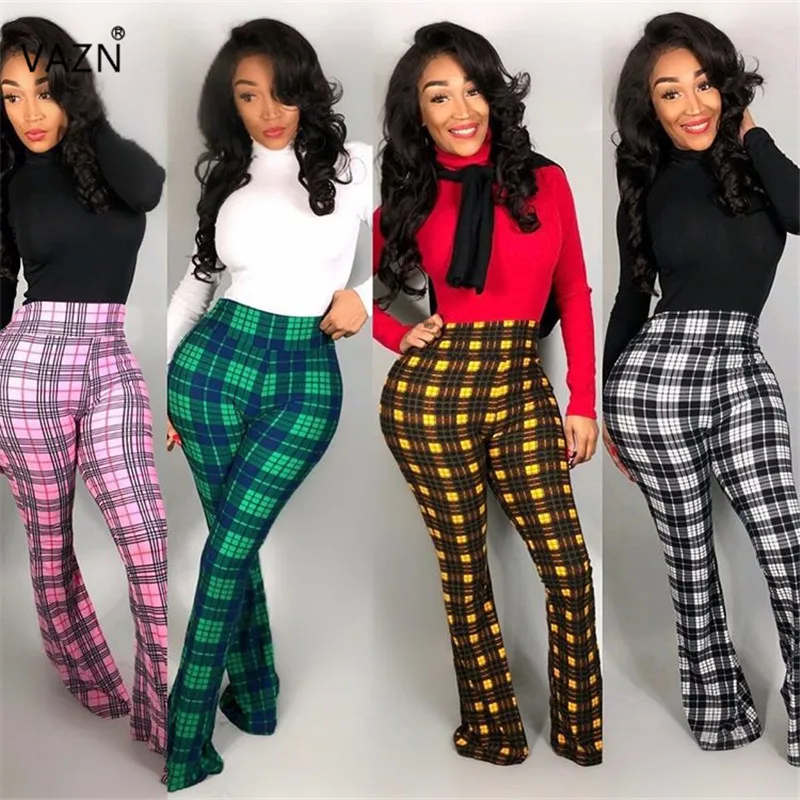 

VAZN ML7242 new product 2019 summer sexy lady 4colors full pants high waist skinny plaid pants sexy lady high street daily pants