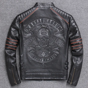 

2020 Black Men Skulls Embroidery Biker's Leaher Jacket Plus Size XXXXL Genuine Cowhide Spring Slim Fit Motorcycle Coat