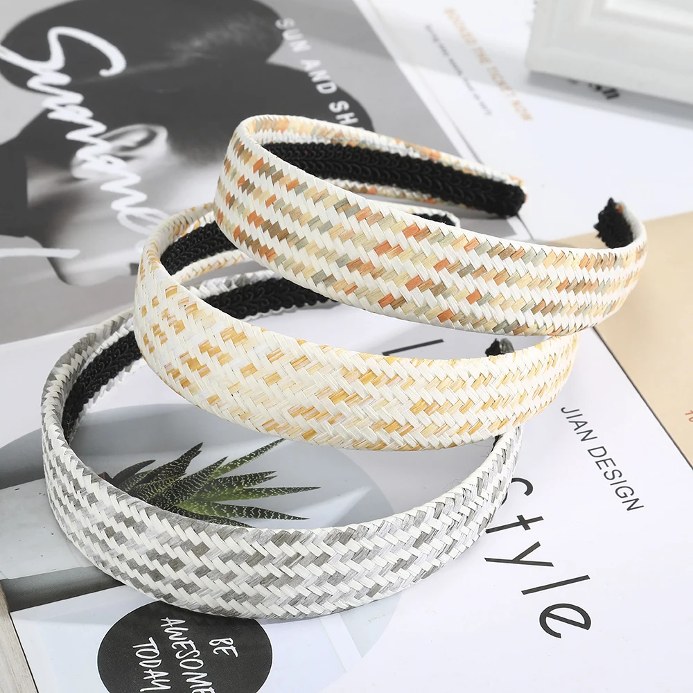 

AWAYTR Stripe Headband For Women Straw Weave Hair Hoop Ethnic Style Braided Hair Bands Wide Headbands Simple Hair Accessories