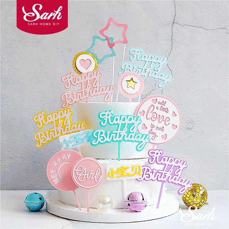 

Acrylic Pink Oh Baby Blue Round Happy Birthday Cake Topper for Party Decoration Diamond Baking Supplies Anniversary Cute Gifts