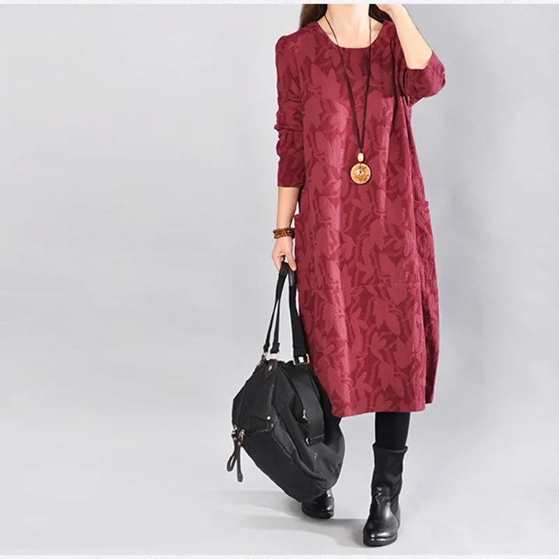 

2020 Spring New Style Literature And Art Large Size Dress Loose-Fit Elegant Mid-length Jacquard Long Sleeve Big Hemline Dress Wo