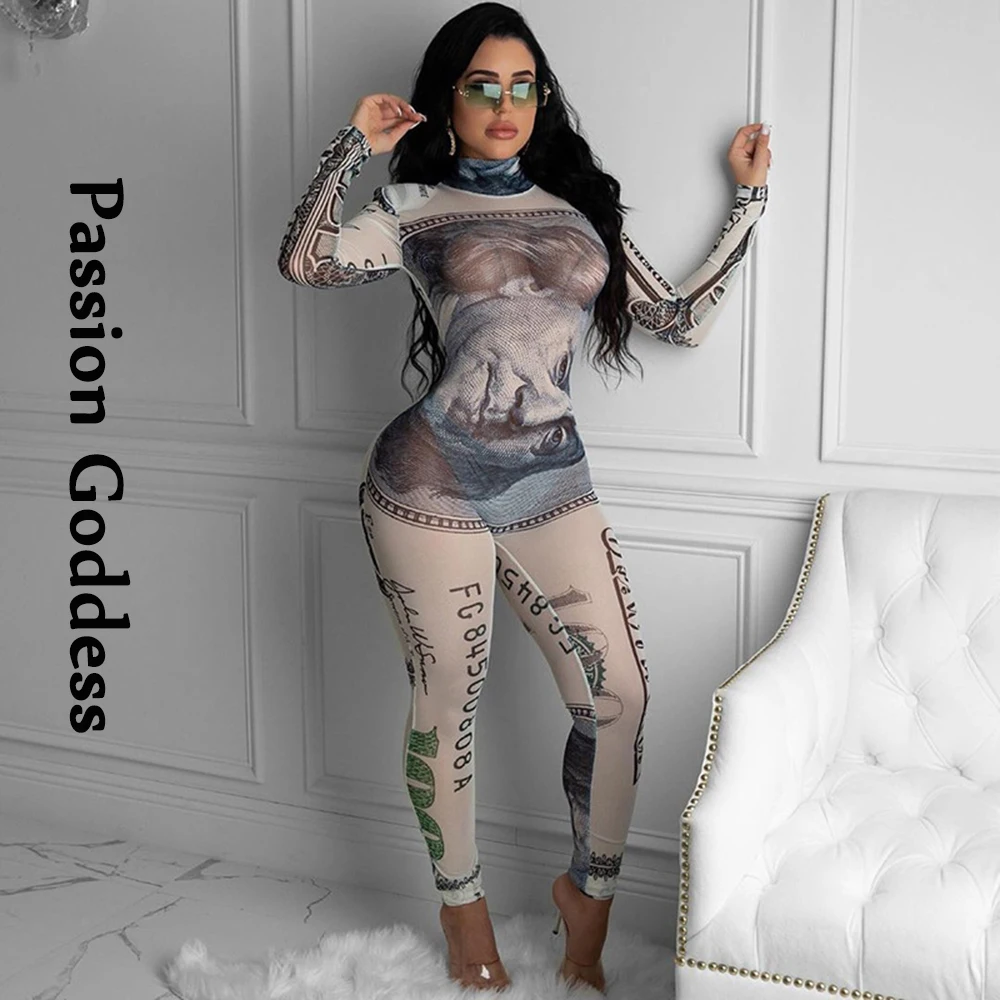 Комбинезон женский сетчатый с принтом доллара США обтягивающий длинным рукавом |