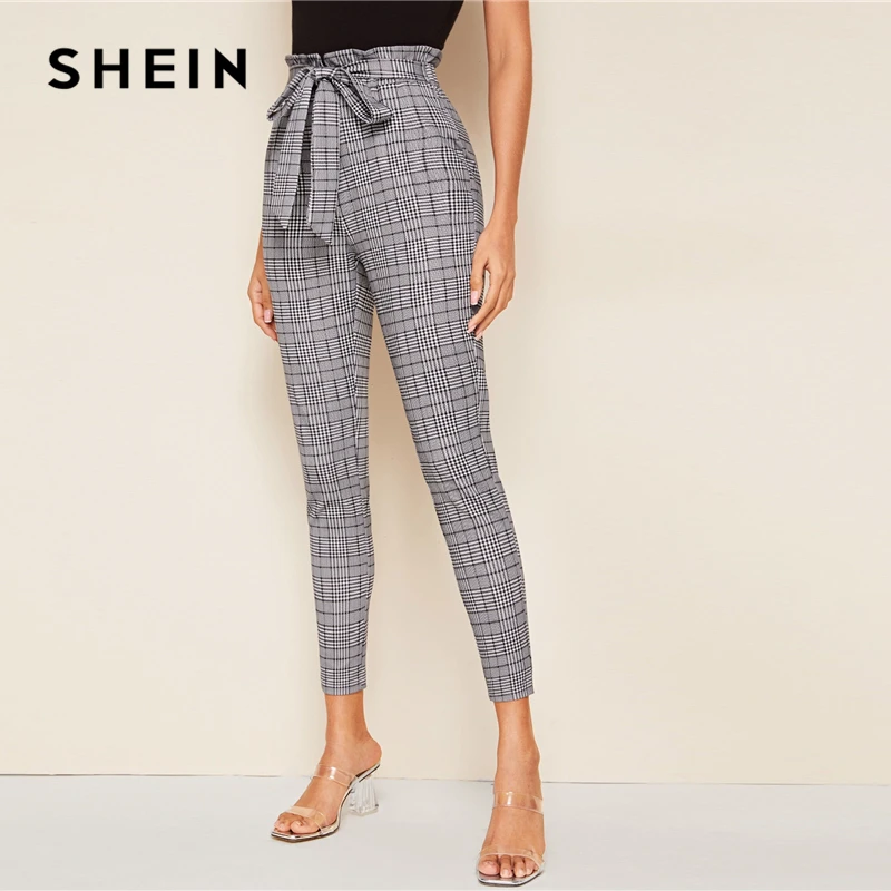 SHEIN/серые клетчатые бумажные штаны с поясом на талии, повседневные штаны для женщин, осенние женские узкие брюки с высокой талией для офиса