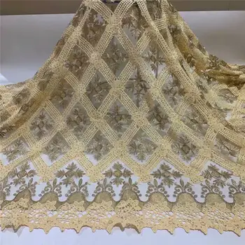 

African fabric yellow french lace fabric with beads rhinestone fabrics for dresses embroidered tulle lace fabric 5 yard/setL1601