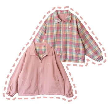 

2020 Autumn Cute Women's Jacket Pink Peach Japanese Embroidery Sweet Girl Long Sleeve Outwear