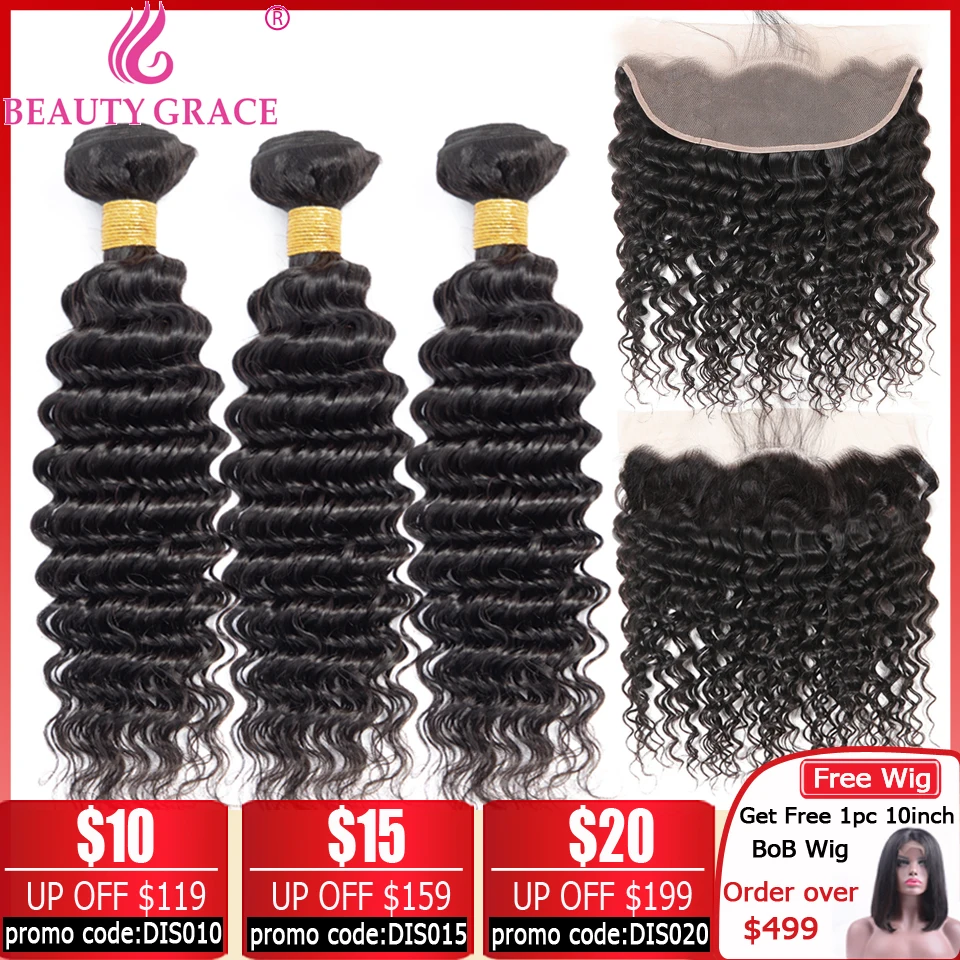 

13*4 frontal with bundles deep wave Bundles With frontal Brazilian hair weave Human Hair 3 Bundles With frontal Closure Non-Remy