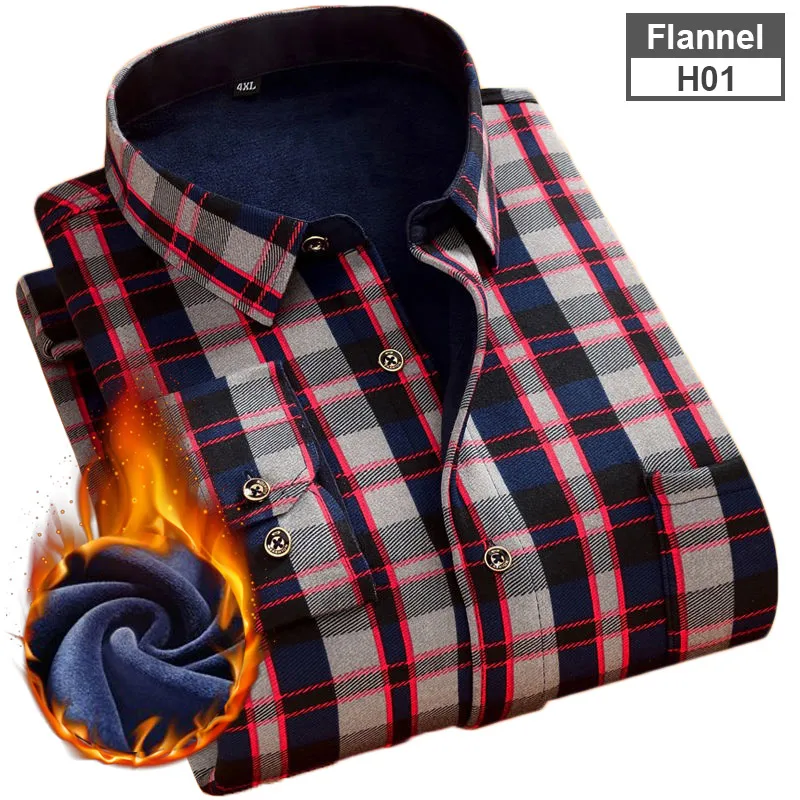 H01-Flannel NIGRITY Новая мужская клетчатая теплая рубашка с длинным рукавом с подкладкой из плотного флиса модная мягкая Повседневная фланелевая рубашка удобного размера плюс L-4XL - Цвет: H01-Flannel
