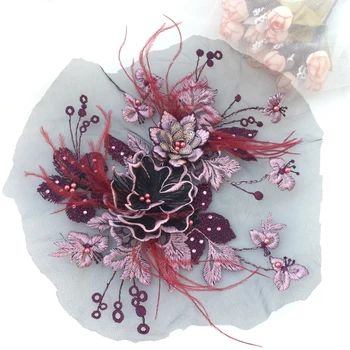 

Evening gowns dresses sewing on lace patches, 3 colors in stock Wine, navy, green, high quality embroidered 3d lace with feather Super!