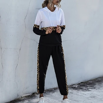 

Women Leopard Pathwork Long Sleeve Sweatshirts Hoodies Warm Pants Two Pieces Sets Tracksuits Outfits 2020
