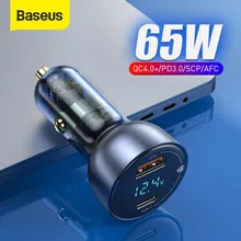 Baseus – chargeur de voiture 65W, affichage LED, QC 4.0, QC 3.0, type-c PD, charge rapide, USB, pour Iphone Xiaomi, pour téléphone portable