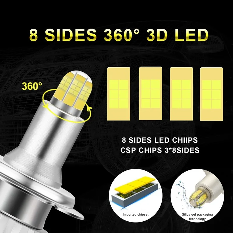2pcs 8 Sides H11 H7 Led Car Headlights Bulbs 6500K H8 H9 H11 200W