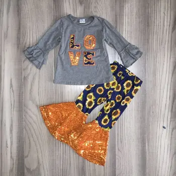 

children Girls fall clothing girls sunflower outfts love grey raglan sequins bell bottom sunflower pants