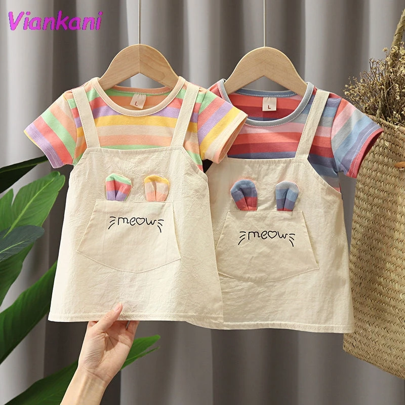 Kawaii Rainbow 2 Pieces Baby Girl Dresses Summer New 2021 Striped Cute Cartton Children Kids Clothes Top Quality Sundress | Детская