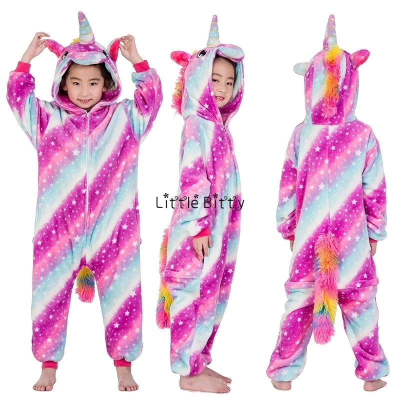 Фланелевые зимние теплые детские пижамы с рисунками панды и животных, радужная Пижама с единорогом для детей 4, 6, 8, 10, 12 лет - Цвет: L039