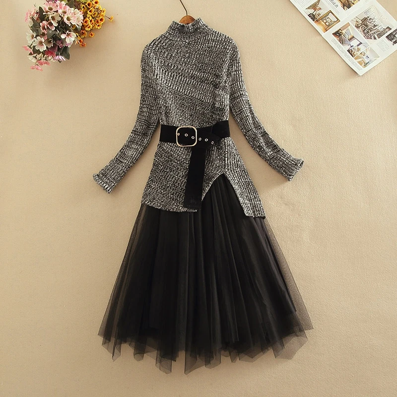 

2020 Winter 2 Piece Set Women Turtleneck Cut Out Pullover Irregular Chic Sweater + Long Layered Mesh Sheer Maxi Skirts Sets New