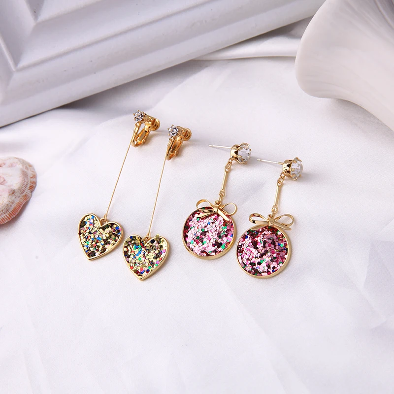 

kissme Shiny Sequins Drop Earrings For Women Delicate Crystal Bowknot Heart Ear Clip Round Gold Color Fashion Jewelry Wholesale
