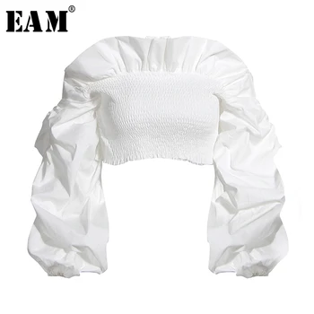 

[EAM] Women White Ruffles Split Joint Temperament T-shirt New Slash Neck Long Sleeve Fashion Tide Spring Summer 2020 1T131