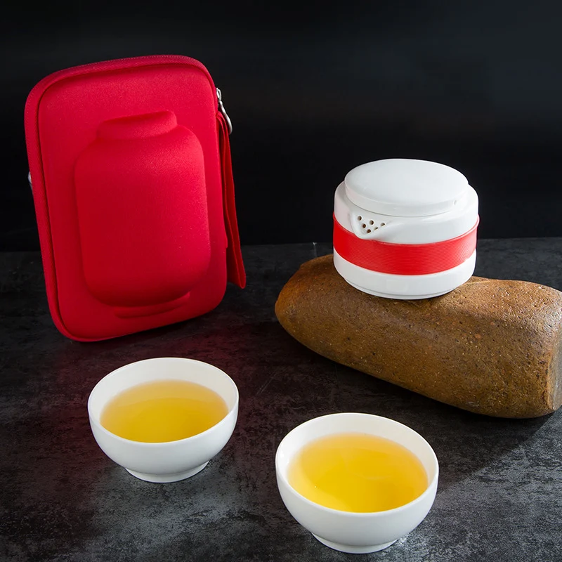 3Pcs/Set Ceramic Tea Cup Set Portable Kung Fu Tea Pot with Bag for Office Home Travel TN99