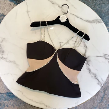 

2020 Summer Sexy Camisole Top Womens Crop Top New French Vintage Design Contrast Color Heavy Rhinestone Camisole Top Female Tops