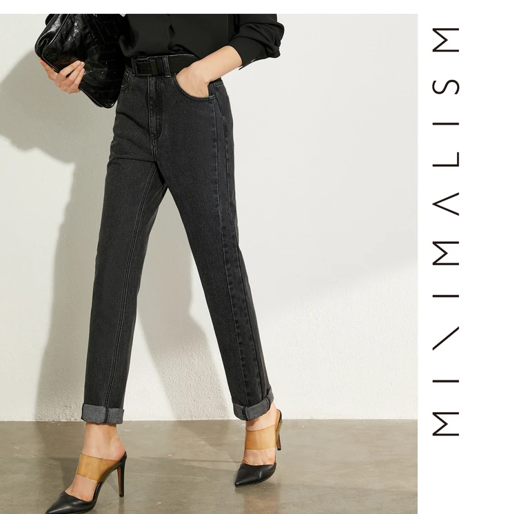 AMII Minimalism Summer Autumn Fashion Women Jeans Causal Cotton Black High Waist Straight Ankel-length Female Jeans 12040026