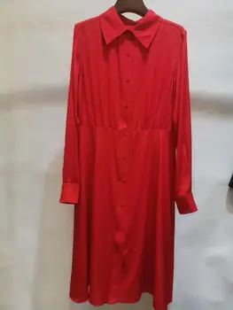 

2020 100% Silk Spring Women Shirt Dress Ladies Office Red Turn Down Collar Female Loose Long Sleeve Short Dresses