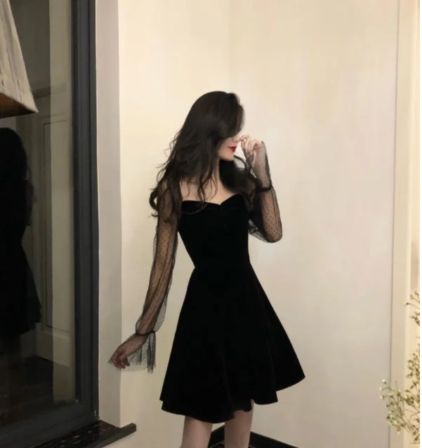 Long Sleeve Dress Women Korean-style Vintage Elegant Mesh