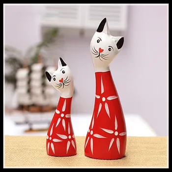 

Wood Cat Statue Home Decoration Accessories 2 Pieces/set Wooden Handmade Crafts Animal Figurines ElimElim